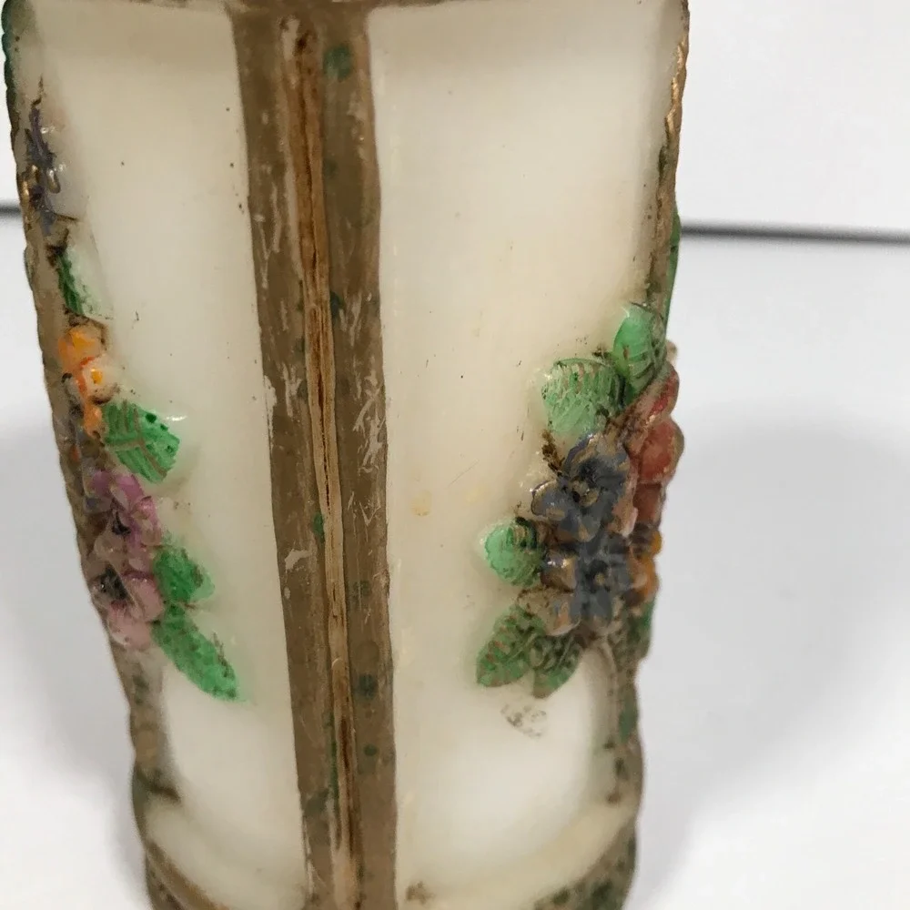 Vintage Floral Basket Relief Pillar Candle Gold Trim Decorative White Wax